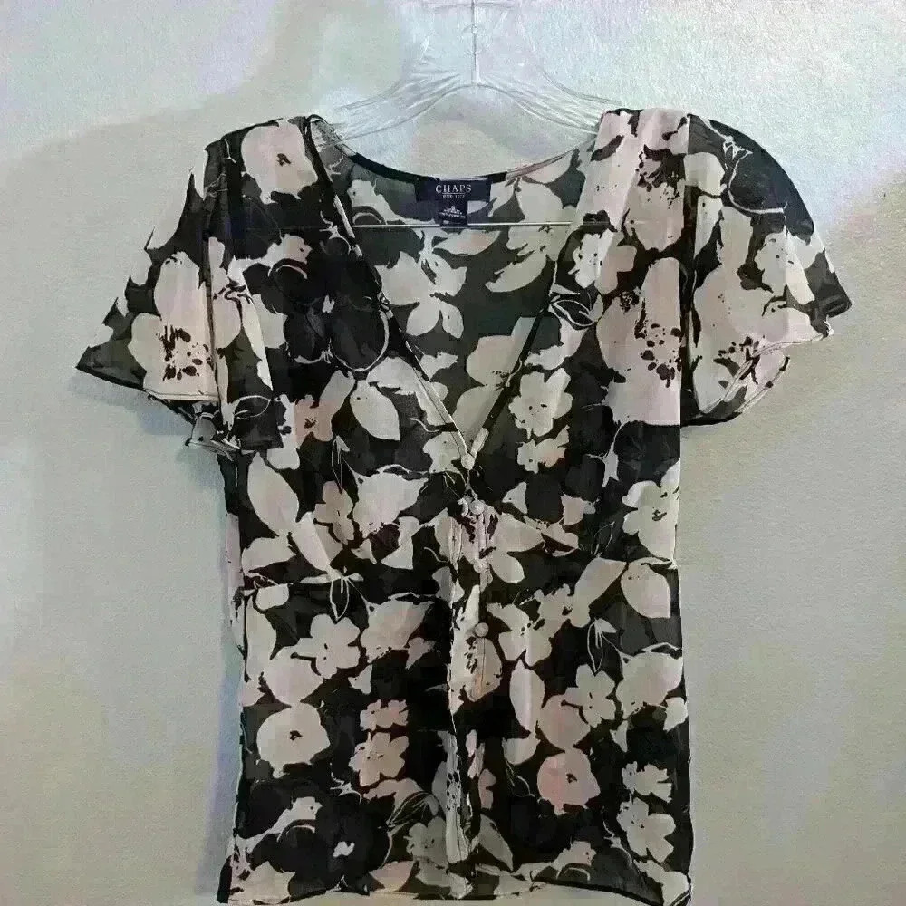 Chaps navy sheer floral button up top